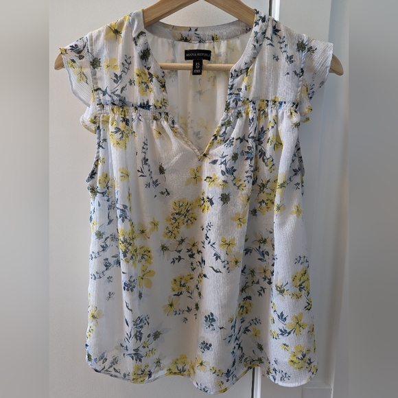 Banana Republic White Romantic Floral Ruffle Sleeve Top Size XS - Picture 1 of 5